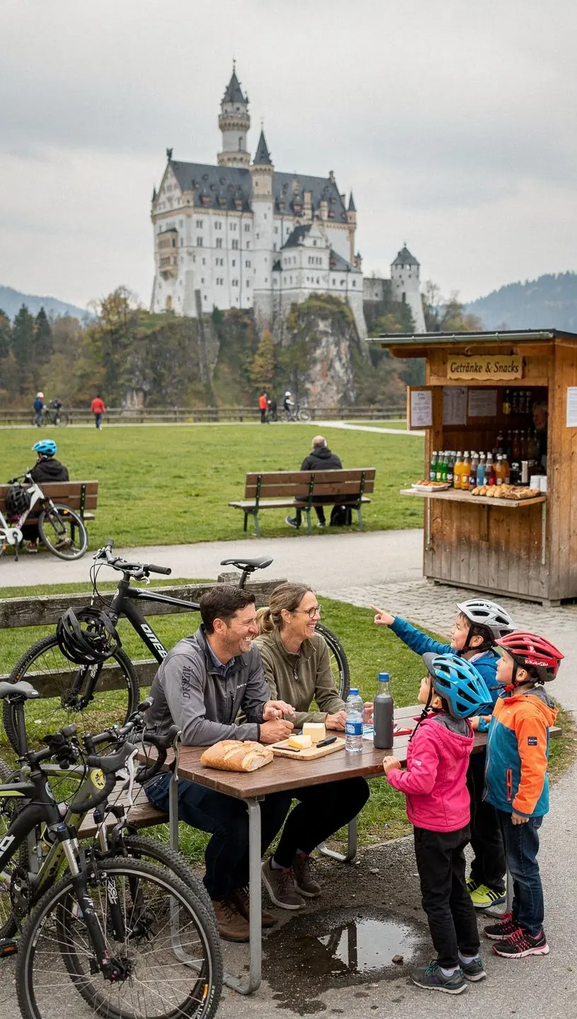 Moderne Fahrradvermietung mit verschiedenen E-Bikes und klassischen Fahrrädern bereit für eine Tagestour in einer deutschen Stadt.